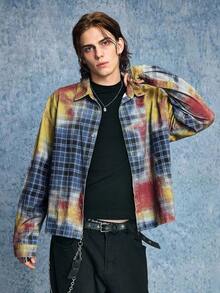 ROMWE MEN Grunge Punk 男士休闲拼布格子纽扣牛仔衬衫，秋季 - 藍色 - 查看 5