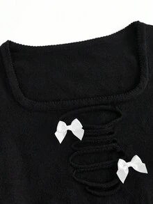 Y2Kool BiGraphic Black Ripped Bowknot Dark Sweet Spicy Punk Y2K Baddie Streetwear Cropped Long Sleeve Sweater, Suitable For Autumn/Winter Parties, Gatherings, And Daily Wear Matching Idea Stylish Clothing Collection New Year Outfits Gyaru - Black - View 8