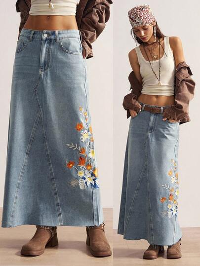 Bohemela 女士时尚休闲花卉刺绣流苏下摆长款牛仔裙 秋季女装 女士休闲裙 女士长款牛仔裙，彩色花卉刺绣 休闲 A 字波西米亚风格长裙
