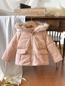 SHEIN Vintaside Kids Girls' Winter Warm Thermal Lined Hooded Parka With Faux Fur Trim, Fashionable And Practical Outdoor Jacket To Keep Young Girl Warm And Stylish During Winter Adventures Fall - Pink - View 7