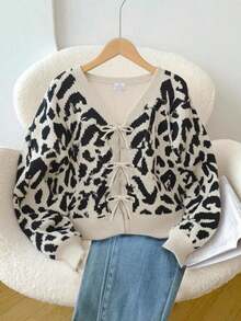 SHEIN Tween Girl Leopard Print Single-Breasted Loose Casual Cardigan Sweater, Autumn/Winter, Sibling Matching Outfits (2 Pieces Sold Separately) Fall - Multicolor - View 9