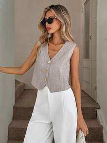 Easowa 女式 V 领不对称下摆金属纽扣前襟休闲宽松通勤复古风格衬衫 - 淺灰色 - 查看 4