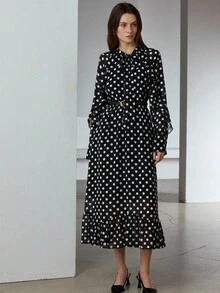 Aveloria Modichic 优雅喇叭形荷叶边波点蝴蝶结领连衣裙 - 彩色 - 查看 3