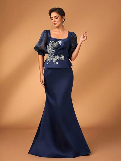 Serin Elegant Luxurious Embroidered Sequin Lace Applique Satin & Organza Sleeve Mermaid Dress, Suitable For Wedding, Party, Vacation, Prom, Mother Of The Bride Gown