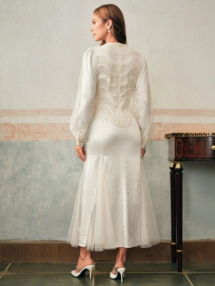 女性用テクスチャー入りラウンドネック ランタンスリーブ エレガントミドル丈ドレス、パーティーシーンに適しています、秋冬