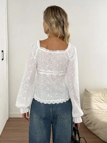 Easowa Square Collar, Frill Trim, Puff Sleeve, Lace Patchwork, Waist Cinched A-Line Blouse, Embroidery, Jacquard Texture Fabric, Casual Relaxed Elegant Office Lady Style Women Blouse Casual For Women Autumn For Women White Top - White - View 2