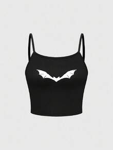 ROMWE Bộ đồ ngủ quần dài dây đeo kiểu Gothic Bat Strap - màu đen - Xem 3