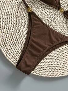 Swim Chiccia Damen einfarbiger gerippter Badeanzug-Set mit metallischer Verzierung, elegant und sexy, für Frühling/Sommer - Schokoladenbraun - Übersicht 7