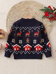 2025新款男童毛衣，秋冬新款，时尚藏蓝色卡通圣诞长袖提花套头衫，可爱打底针织衫，适合节日穿着，8岁男童圣诞毛衣，圣诞宝宝，男童学院风 - 藏蓝色 - 查看 2