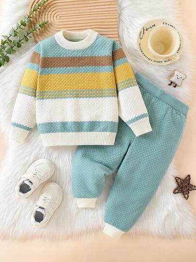 2pcs/Set Boys Striped Knit Sweater And Matching Pants, Casual Cozy Outfit For Autumn/Winter, Suitable For Daily Wear, Home, Outdoor, Travel, School Fall