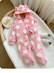 新生女宝宝可爱毛绒爱心图案连帽连体衣，秋冬季宝宝休闲拉链连体衣，女宝宝冬季连体衣，草莓图案婴儿抓绒连体衣 - 粉色 - 查看 3