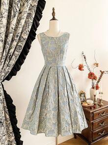 Vintamour 复古优雅女式花卉提花连衣裙节日派对优雅派对连衣裙女士长款派对连衣裙女士秋季服装女士冬季服装圣诞冬季连衣裙女士秋季服装女士万圣节服装女士圣诞服装圣诞派对连衣裙新年连衣裙女士感恩节服装优雅派对连衣裙 - 淡綠 - 查看 7