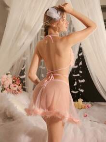 女士性感内衣套装（胸罩、裙子、内裤） - 粉色 - 查看 2