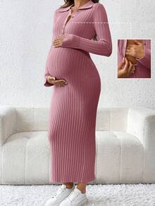 SHEIN Maternity Casual Solid Color Ribbed Button Half-Placket Sweater Dress,Long Sleeve Pink Pregnancy Clothes For Autumn,Smart Casual Baby Shower Outfit - Dusty Pink - View 5