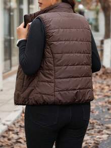 Calvaya Áo vest cổ đứng ngắn, màu trơn, đa năng, nhẹ và ấm, dành cho quần áo mùa đông - Màu nâu Sô-cô-la - Xem 3