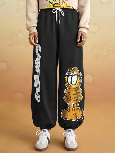 GARFIELD | SHEIN Pantalones de chándal casuales con cordón, con diseño de letras y gráficos de dibujos animados para hombres, otoño