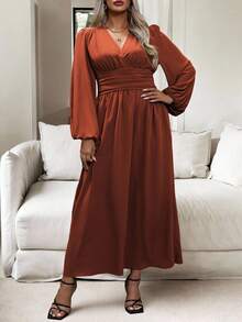 Vionelle Plus Size Women's Solid Color Simple Daily Pleated Dress Maxi Women Outfit Fall Cloth For Women - Rust Brown - View 6