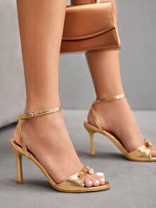 CUCCOO SZL Giày cao gót quai tròn đính đá Rhinestone hình trái tim kẻ caro màu vàng thời trang quyến rũ cho nữ mùa hè - Rượu sâm banh - Xem 7