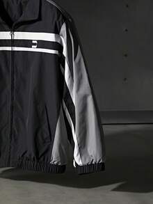 NEON BLANC Men's Striped Print Zip-Up Casual Versatile Long Sleeve Jacket, For Fall Winter - Black - View 3