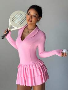Dewbera Dewbera Women's Zipper Design Long Sleeve Cake Hem Sports Dress - Pink - View 5
