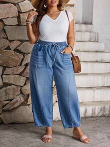 SHEIN CURVE+ 冬季加大码女式牛仔风宽松腰部弹力蓝色七分牛仔裤 - 中等水洗藍 - 查看 5