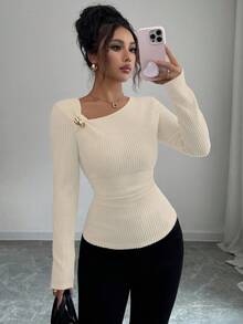 Elenzga 新款女式斜领长袖罗纹拉绒装饰纽扣腰部褶皱设计休闲百搭青春优雅T恤，秋冬 - 杏色 - 查看 6