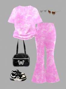 SHEIN 2 件套年轻女孩休闲卡通兔子露露，针迹图案，扎染天蓝色圆领短袖 T 恤和喇叭裤套装，适合夏季、秋季 - 彩色 - 查看 2