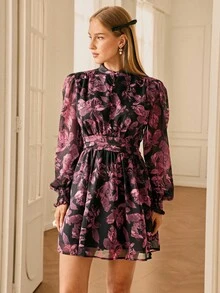 Revavyn Women's Full Printed Lantern Sleeve Dress Vacation Outfits Woman  - Multicolor - View 3