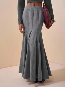 Zivah Bộ 2 món áo len dài tay màu xám mềm mại, dáng rộng, dáng suông, dáng xòe, dáng xòe bất đối xứng và chân váy voan đuôi cá, thời trang thu/đông 2025 dành cho nữ - Xám - Xem 6