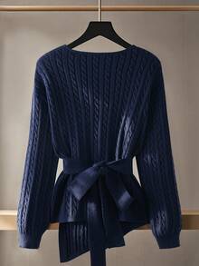 Franclia Women's Casual Fashion Minimalist Versatile Loose V-Neck Wrap Twist Rope Lantern Sleeve Belt Metal Decor Button Sweater, Autumn/Winter - Royal Blue - View 2