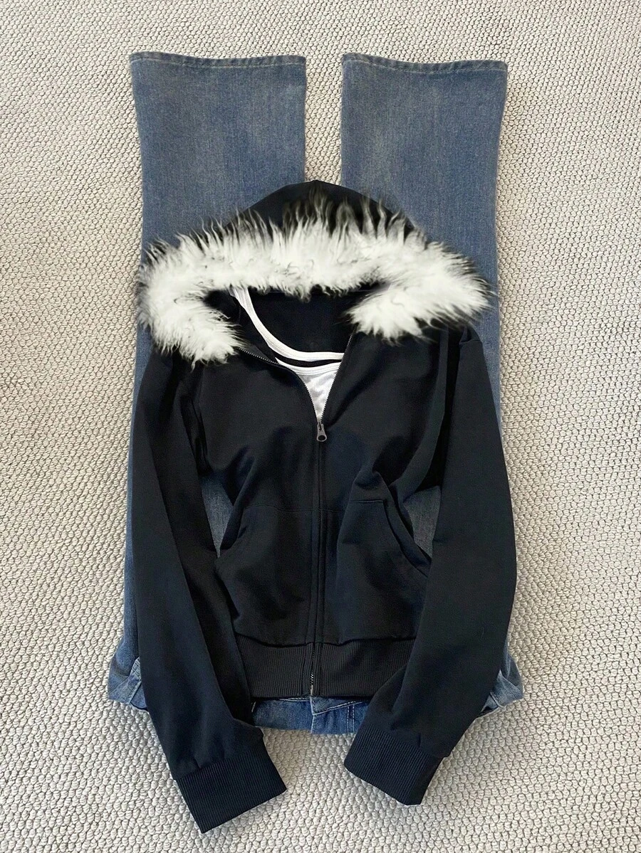 Glimmora 女式拉链修身连帽夹克，带毛茸茸饰边 - 黑色 - 查看 1