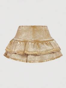 SHEIN MOD Damen Y2K Knopfverschluss Doppelrüschen Saum modische Denim Rock Hose - Khaki - Übersicht 2