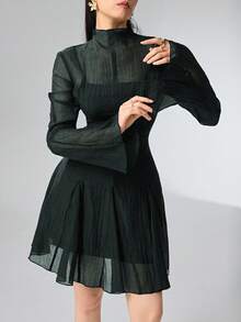 Heiryn Women's Solid Color Stand Collar Flare Sleeve Mesh Fashion Mini Dress - Dark Green - View 3