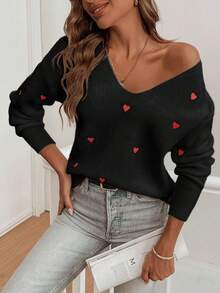 EMERY ROSE Heart Pattern Dropped Shoulder Sweater, Casual For Autumn/Winter - Black - View 5