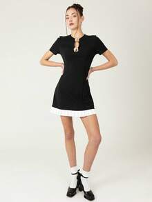 House of One Round Neck Elegant Sleeveless Fitted Black Dress With Button Decoration Women Spring Autumn Black Dress Women Short Sleeve Dress Collared Dress Women Mini Dress Fall Outfits Business Professional Women Business Casual Woman