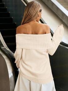 Siren Gaze 休闲露肩女士纯色长袖毛衣，秋季外出，舒适秋冬时尚 - 杏色 - 查看 2