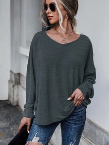 SHEIN LUNE Women's Solid Color Bat Wing Backless Tie Long Sleeve Loose T-Shirt - Grey - View 2