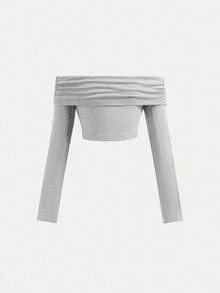 SHEIN 青少年女孩 2 件纯色浅灰色春秋露肩长袖短款上衣和喇叭裤休闲套装，适合日常穿着，适合返校