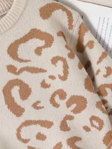 Sparklyn Áo len chui đầu cổ tròn dệt kim jacquard họa tiết da báo cho bé gái, mùa thu/đông - Màu be - Xem 7