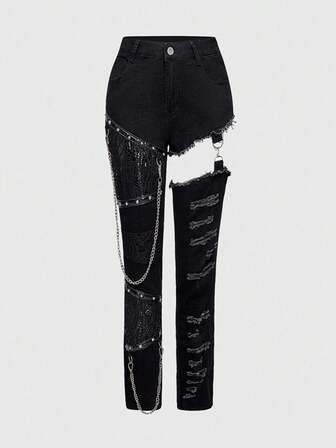 Damen K-Pop Dark Punk Gothic Nieten Kette Dekor Ausschnitt-Patchwork Destroyed Skinny Jeans
