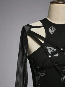 ROMWE Áo hở vai in họa tiết bộ xương động vật và con người theo phong cách Gothic dành cho nữ - màu đen - Xem 5