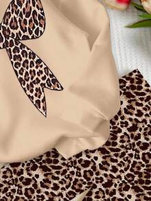 SHEIN 2 pezzi Set di felpa con cappuccio e leggings casual vintage con stampa leopardata e fiocco decorativo per ragazze, colore cachi, comodo per autunno/inverno