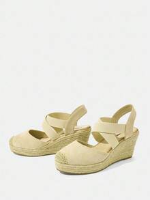 Styleloop 女士时尚圆头米色交叉松紧带舒适透气休闲黄麻绳厚底坡跟渔夫鞋，户外度假旅行 - 杏色 - 查看 4