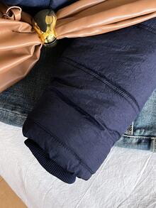 青少年女孩纯色加厚腰部拉链连帽衫，带毛领，防尘，时尚街头风格，适合户外活动和日常穿着，冬季长袖棉夹克，Y2K 酷 - 藏蓝色 - 查看 4