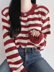 DAZY Soft & Cozy Red Striped Cardigan Sweater For Women, Autumn/Winter Long Sleeve Tops - Red - View 4