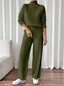 SHEIN LUNE Setelan Wanita Kasual untuk Berpergian, Warna Polos Sederhana, Sweater Rajut Longgar Leher Tinggi dan Celana Rajut 2 Potong, Musim Gugur/Dingin - Hijau Tentara - View 4