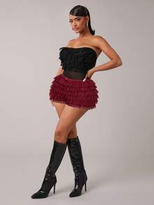 SHEIN SXY Plus Size Women's Fashionable Sexy Street Style Bow Decor Multi-Layer Mesh Ruffle Hem Skort, Spring/Summer Burgundy Shorts Ruffled Shorts Frilly Shorts Tassel Shorts