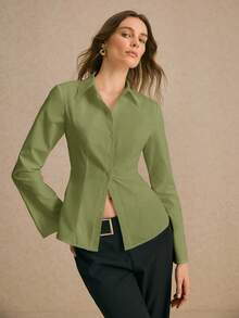 Poéselle 女士抽绳腰优雅前扣长袖休闲衬衫、棉质衬衫、工作衬衫、女士办公室服装、工作服、商务休闲女士、长袖衬衫、正装上衣、秋季女装、商务女士正装、适合工作场所正式场合、优雅外出、办公室警笛风格 - 綠色 - 查看 6