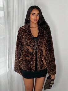 TRNVIE 1 pieza Chaqueta regular de mujer, cuello de piel de leopardo sintética marrón con cinturón, estilo retro tipo caja, para invierno - Marrón - Ver 1
