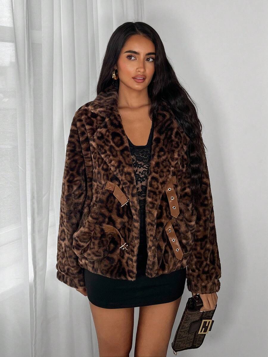 TRNVIE 1 pieza Chaqueta regular de mujer, cuello de piel de leopardo sintética marrón con cinturón, estilo retro tipo caja, para invierno - Marrón - Ver 1